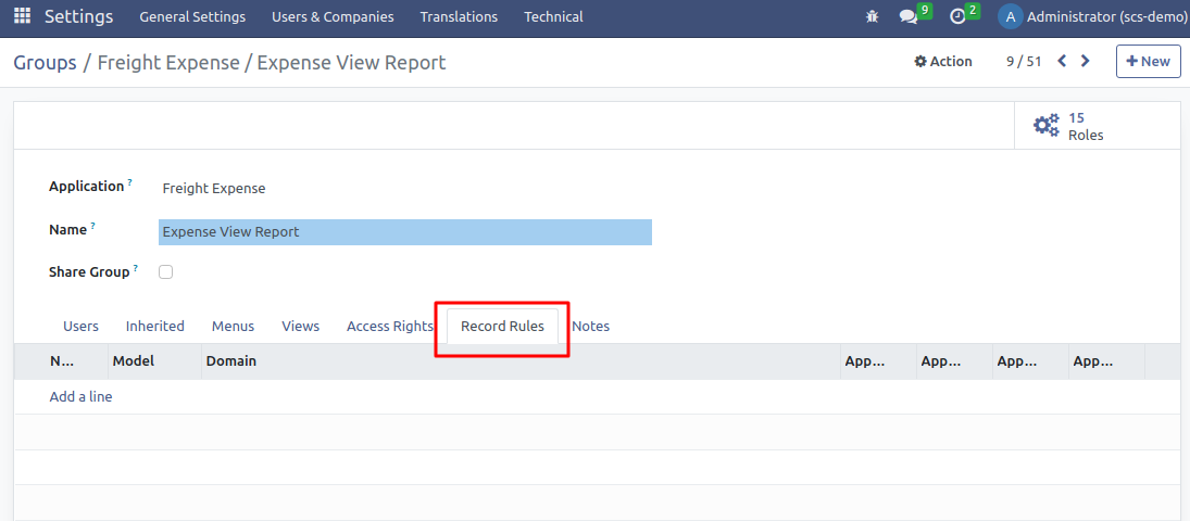 View of a group’s form emphasizing the tab record rules in system