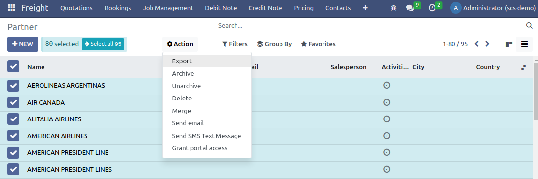 view of the different things to enable/click to export data