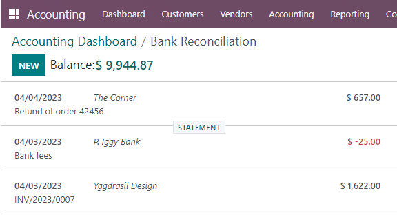 A "STATEMENT" button is visible when hovering on the line separating two transactions.