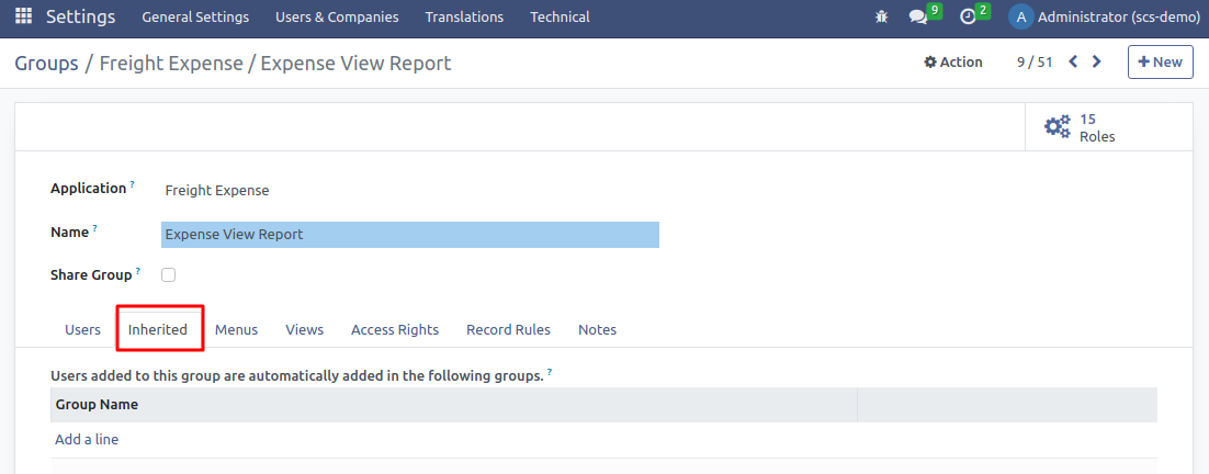 View of a group’s form emphasizing the tab inherited in system