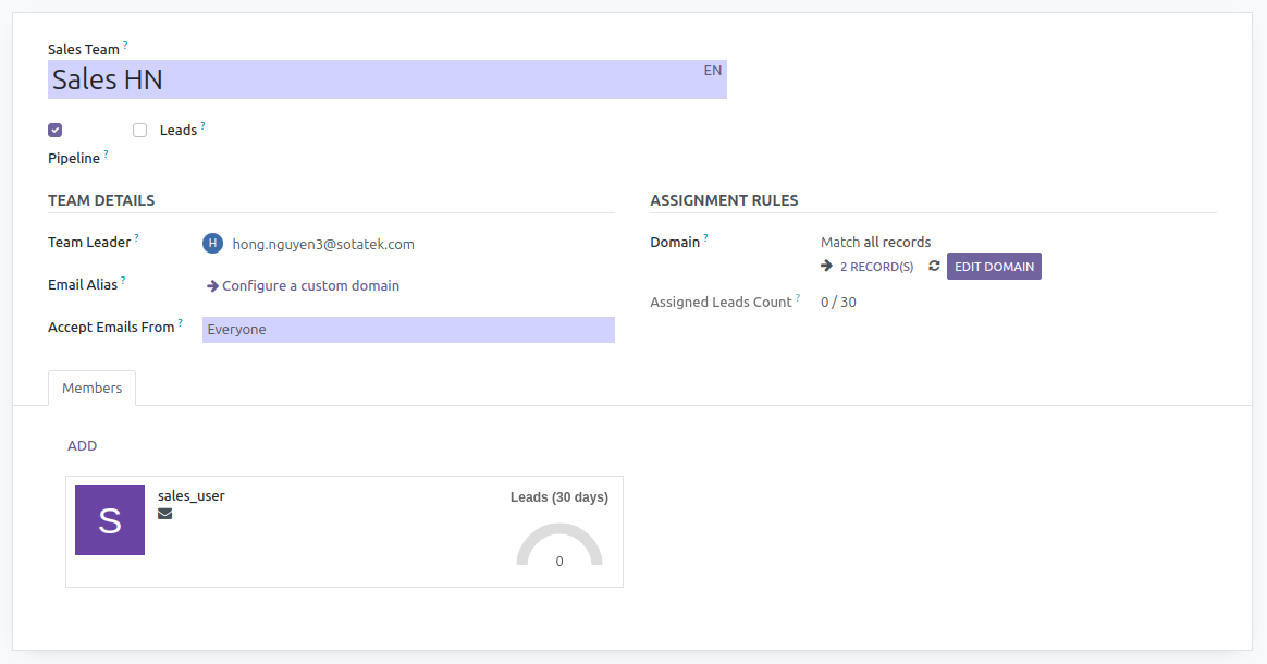 Create a sales team in Odoo CRM.